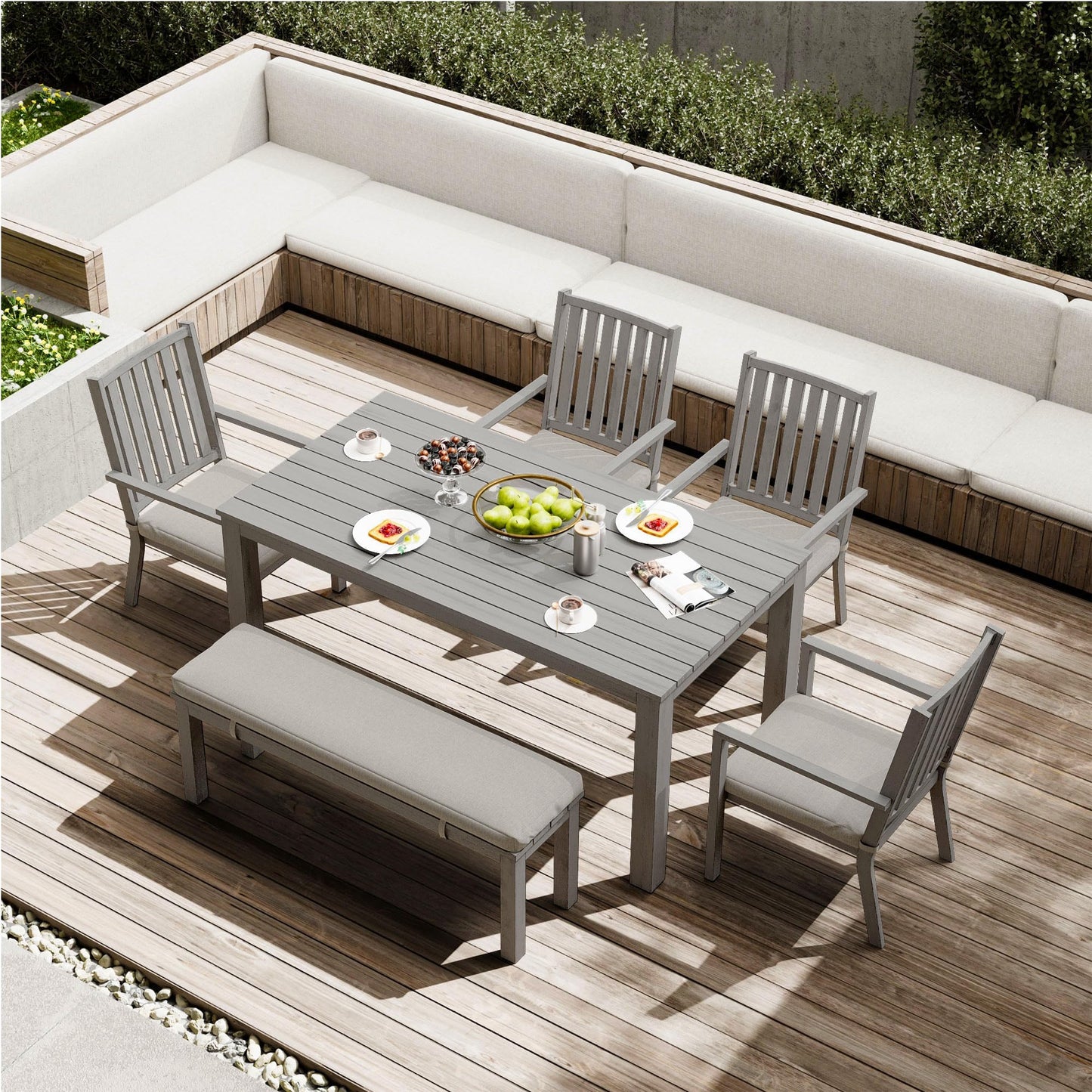 May in Color Aluminum 3 Pieces Patio Dining Sets, Outdoor Dining Table with 2 Benches, Outdoor Patio Dining Furniture Set with Removable Cushion for Lawn, Garden, Backyard, Gray