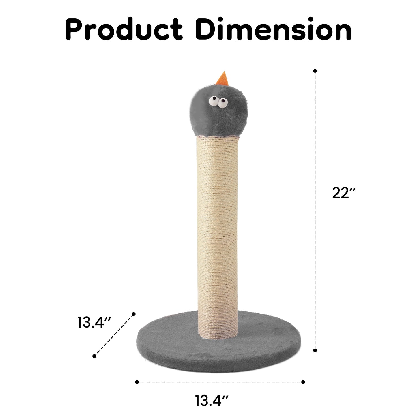 Heynemo 22-Inch Cat Scratching Post , Durable Sisal Scratch Post for Indoor Cats, Monster-Shaped Cat Scratcher for Kittens & Large Cats, Grey