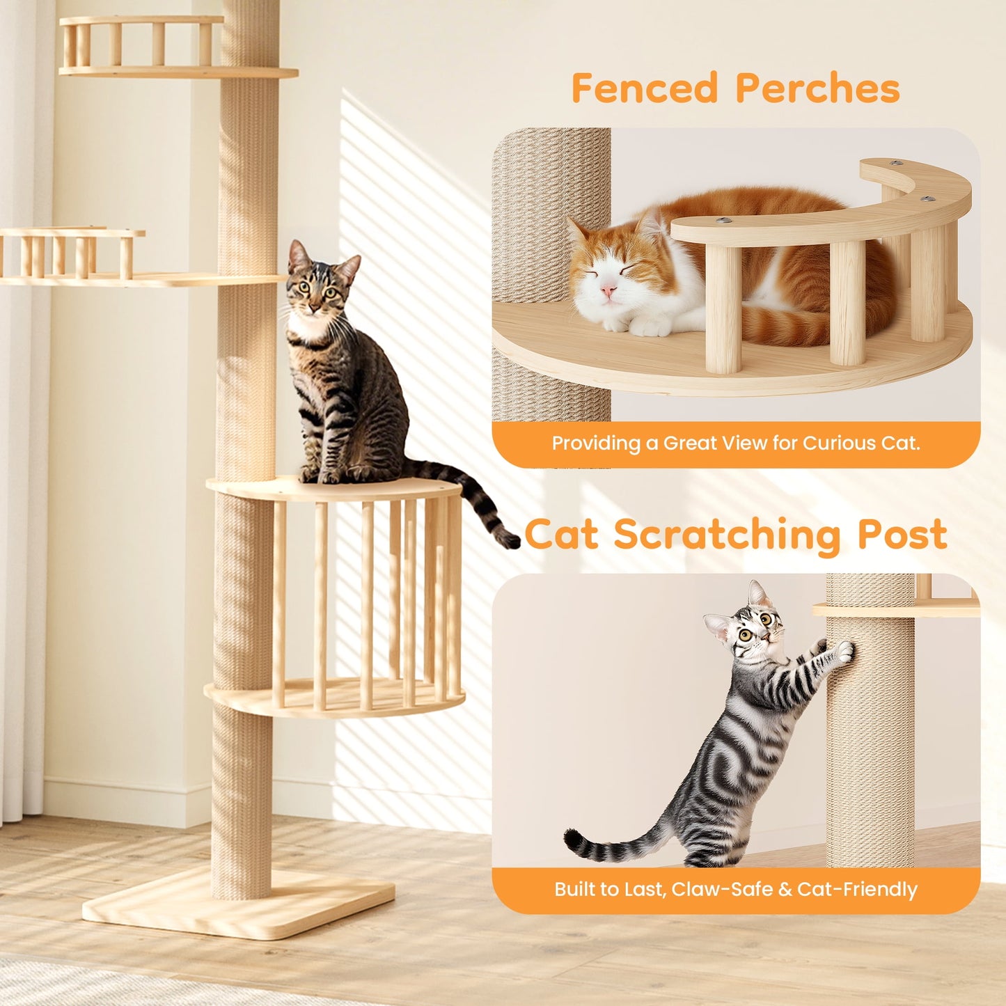 Heynemo Floor to Ceiling Cat Tree Tower Adjustable Height Multi-Level with Acrylic Capsule Sisal Scratching Posts Stable Stylish for Kittens & Large Cats