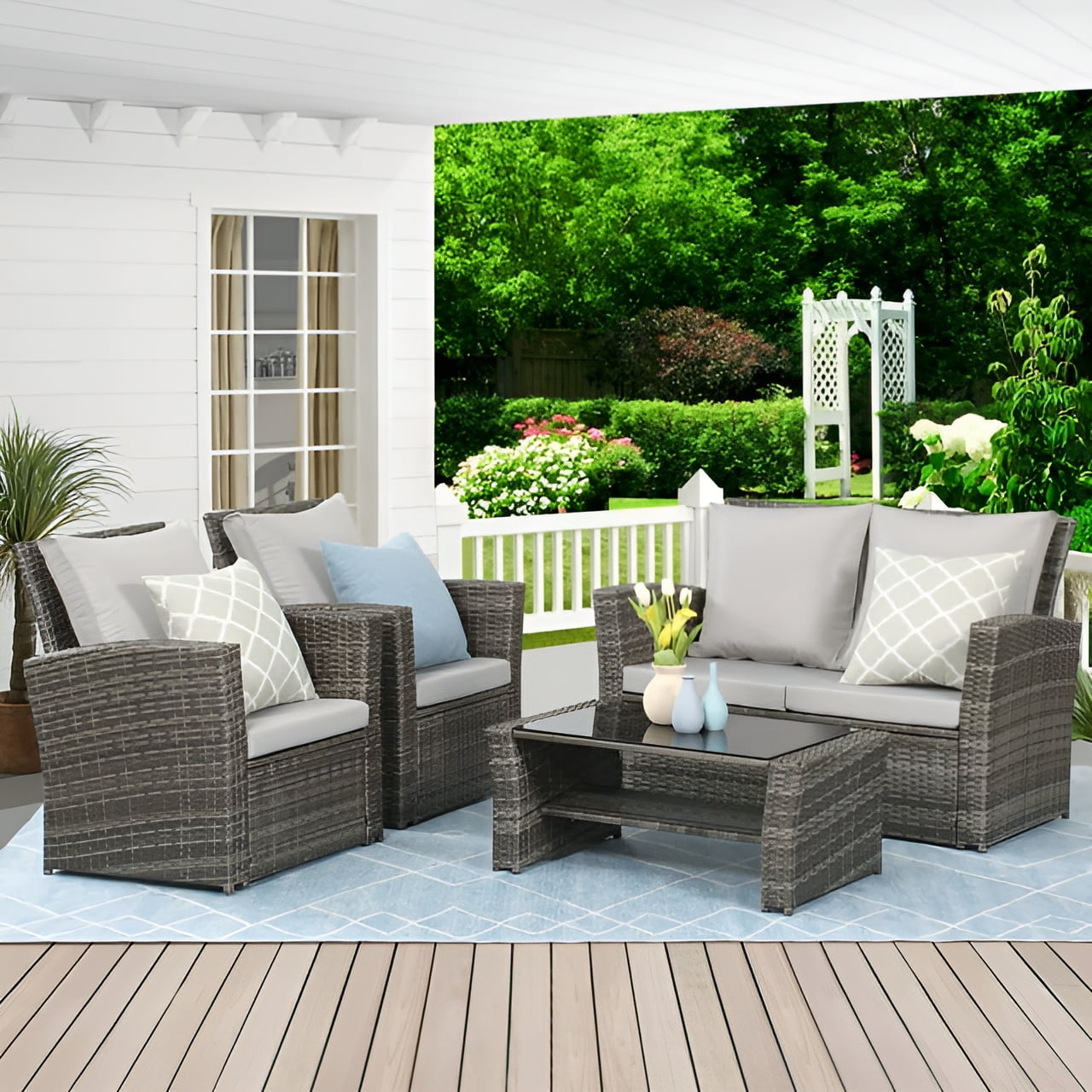 Superjoe 4 Pcs Outdoor Patio Furniture Set Wicker Sectional Sofa with Coffee Table,Gray