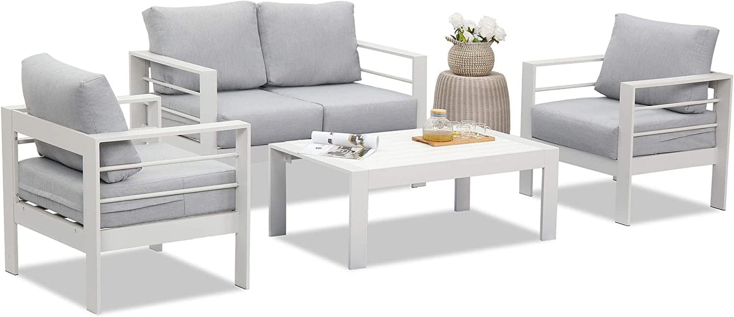 Superjoe Outdoor 3 Seats Patio Furniture Aluminum Sofa Couch, White Metal Chair with Cushions, Light Grey