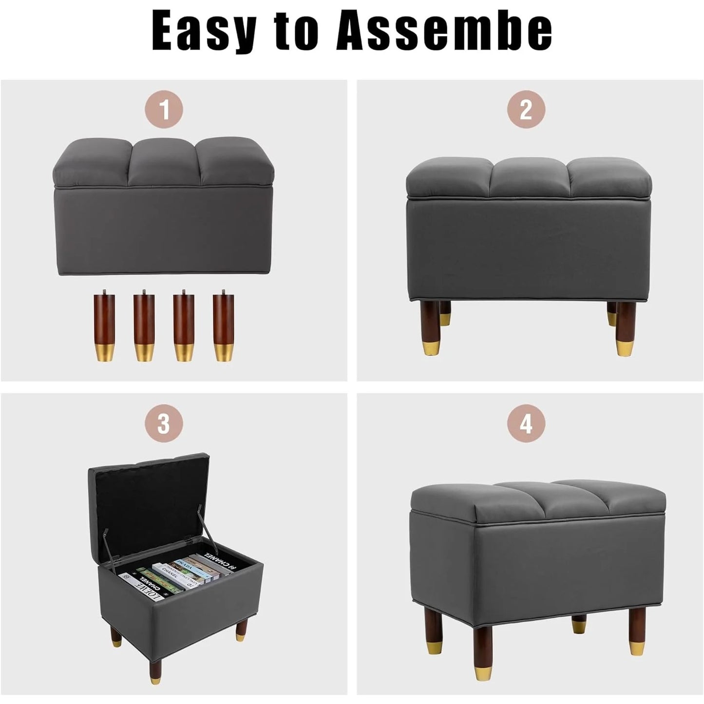 Heynemo Suoperjoe Square Storage Ottoman, Vanity Chair Footstools, Support 300lbs Versatile Seat for Living Room, Bedroom and Entryways, Dark Gray