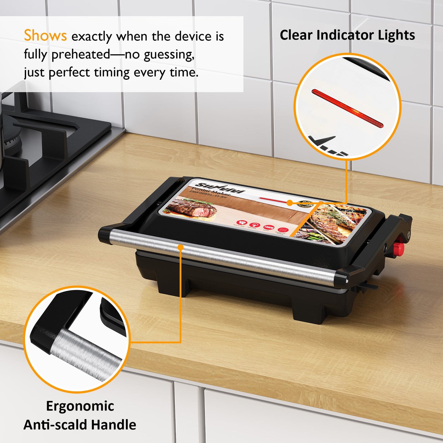 Heynemo 3-in-1 Portable Panini Press Sandwich Maker with Nonstick Interior, 1000W