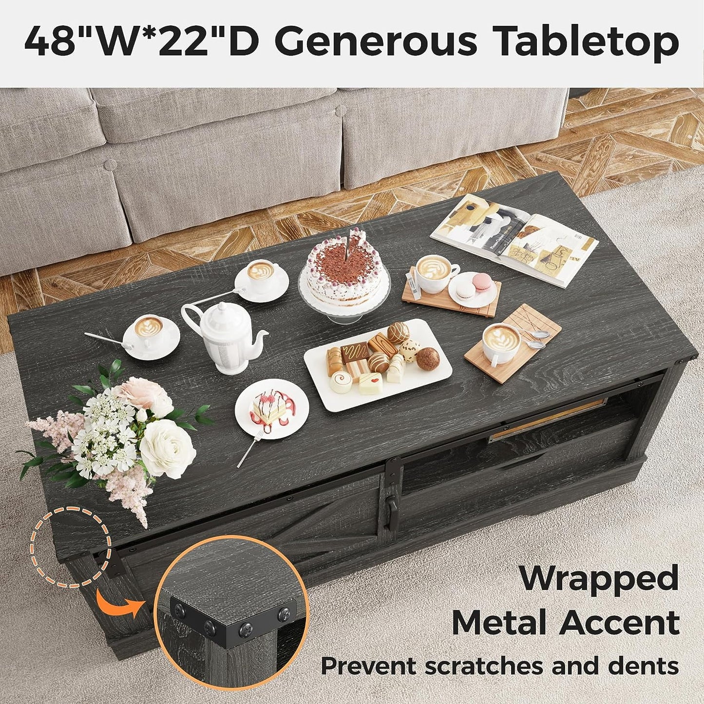 CozyHom Farmhouse Rectangular Coffee Table with Drawer and Sliding Barn Door, Rustic Coffee Table with Open Shelves for Living Meeting Room, Dark Grey