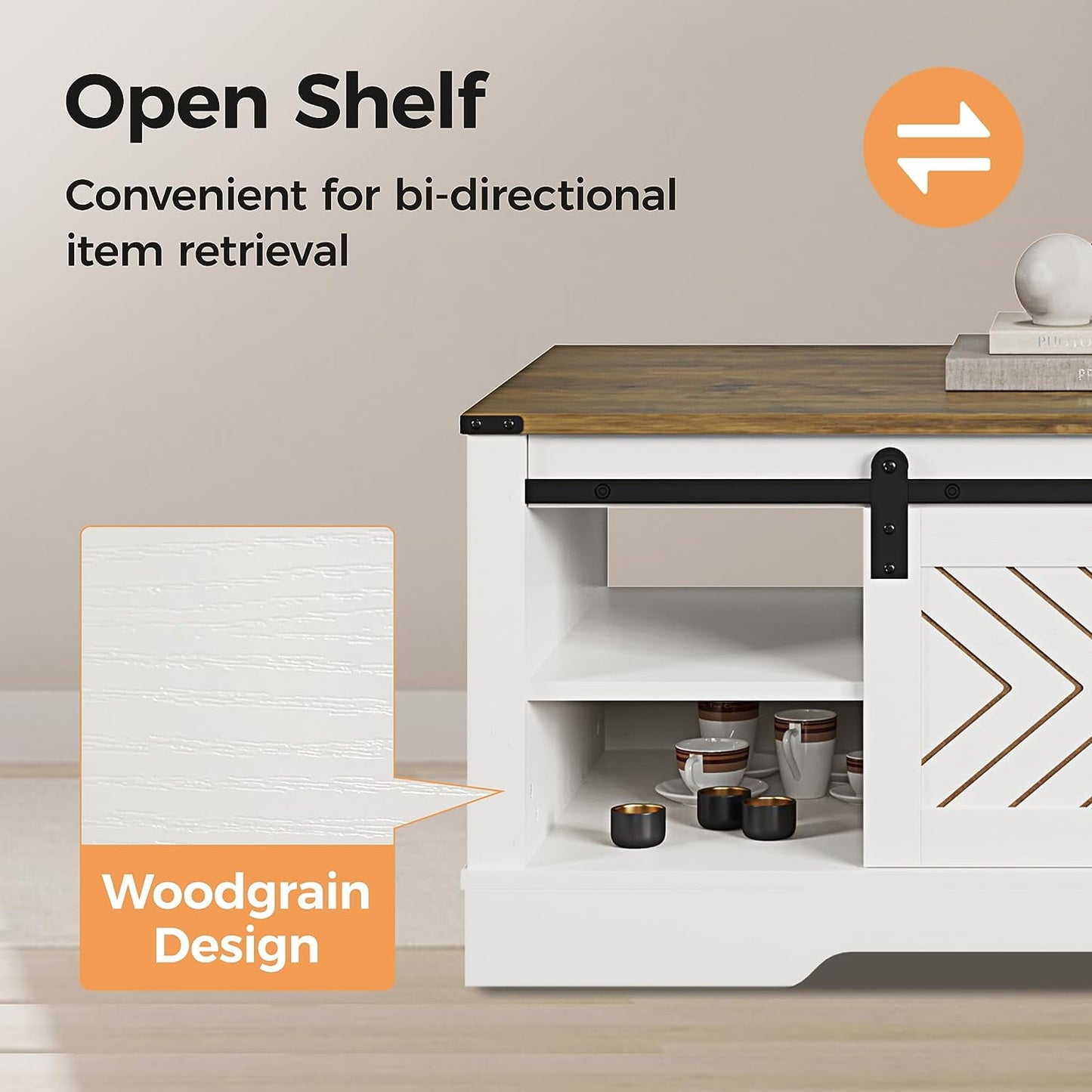 CozyHom Farmhouse Rectangular Coffee Table with Storage Drawer and Sliding Barn Door Furniture, Rustic Coffee Table with Open Shelves for Living Meeting Room, Oak-White