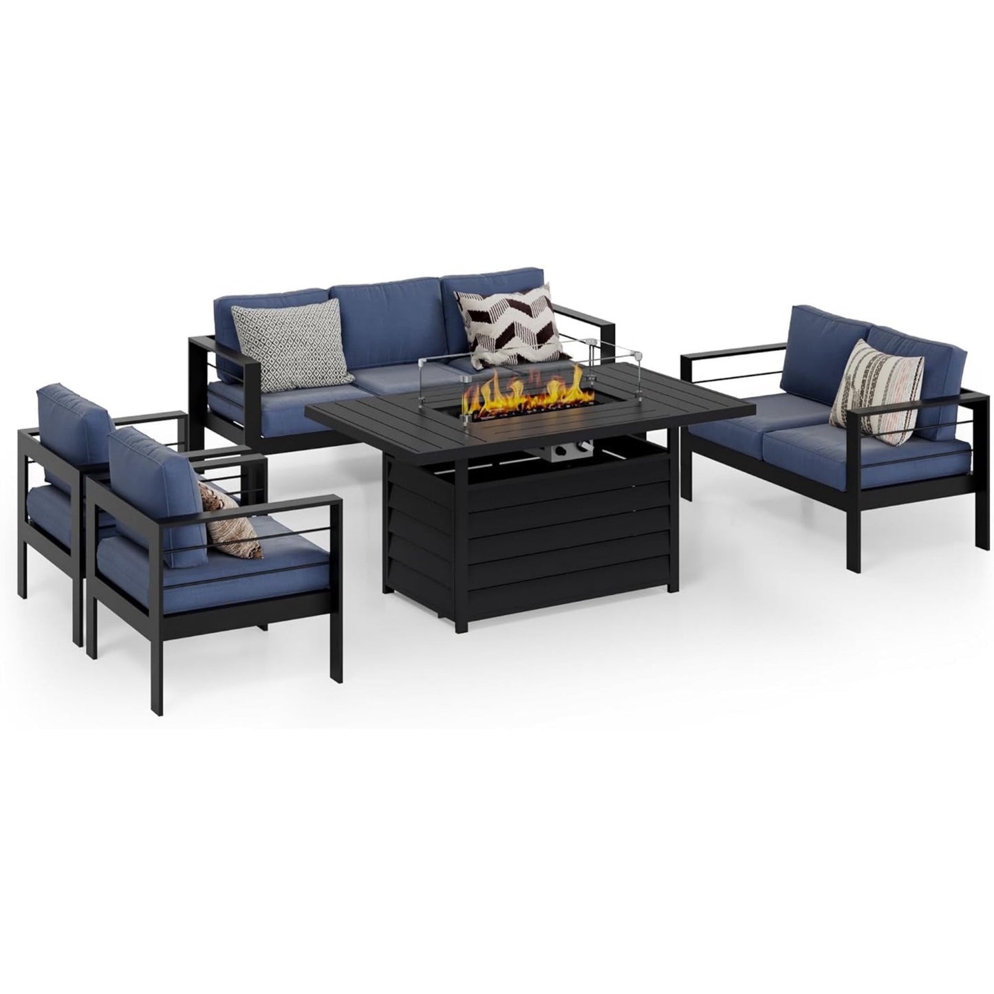 Heynemo Superjoe Outdoor Furniture Set w/CSA Certified 54in Propane Gas Fire Pit Table, 7 Seats Aluminum Patio Conversation Sofa with 5in Olefin Cover Cushions, White