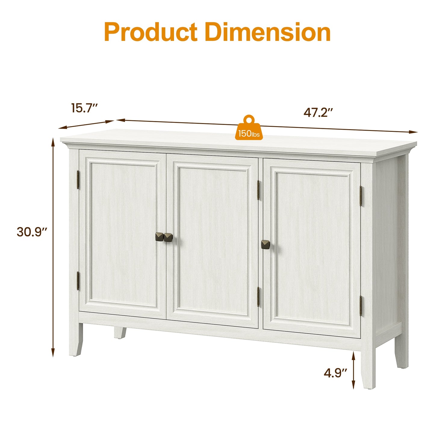 Royalcraft 3-Door Buffet Cabinet with Storage, Bohemian Sideboard with Adjustable Shelves, Wood Credenza Cabinet, Console Table for Bedroom, Living Room, Dining Room, Hallway, Grayish-White