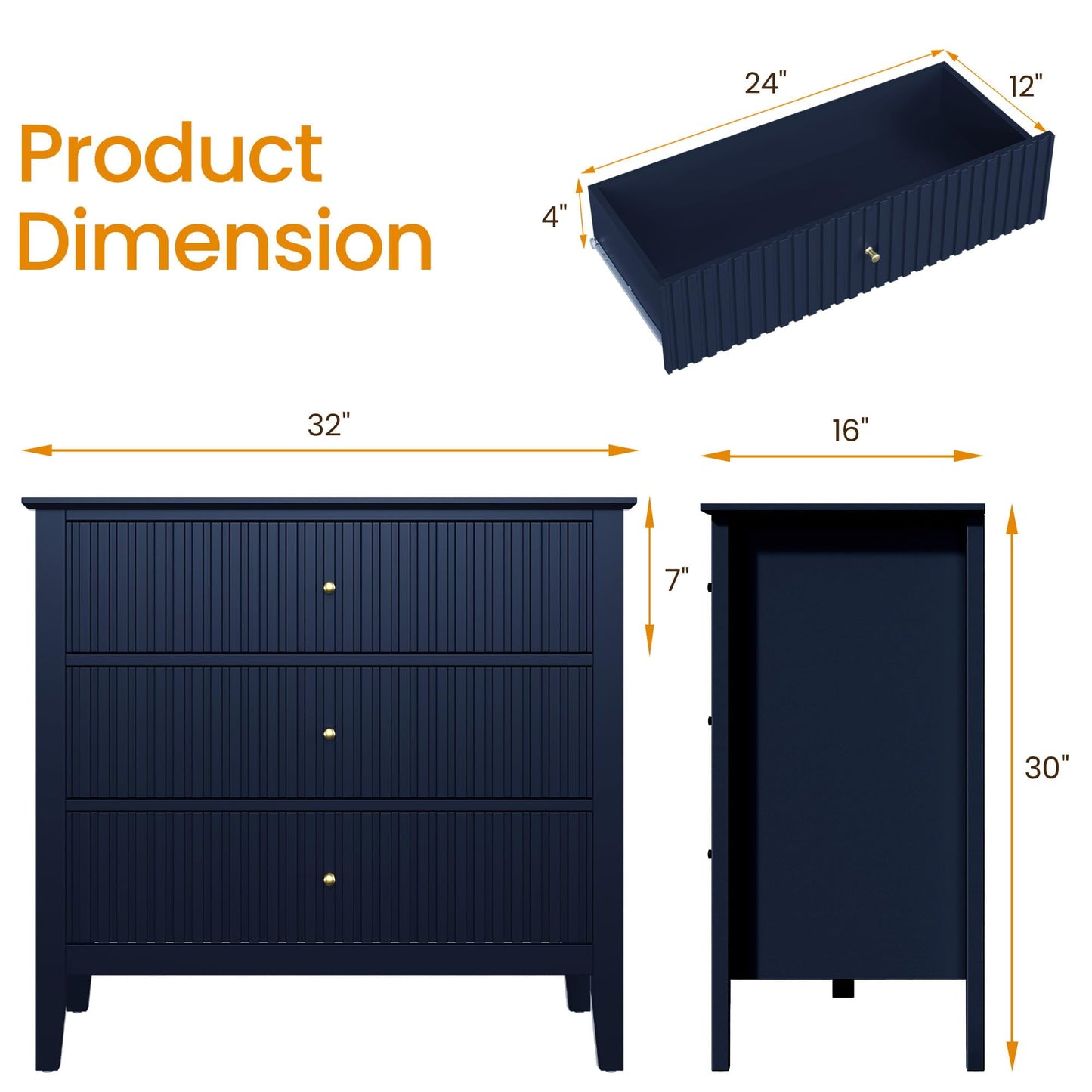 Heynemo Blue 30" Dressers Set of 2, Modern 3-Drawer Wood Nightstands with Ball Bearing Slides, Wide Storage Chests for Bedroom, Living Room, Entryway or Office