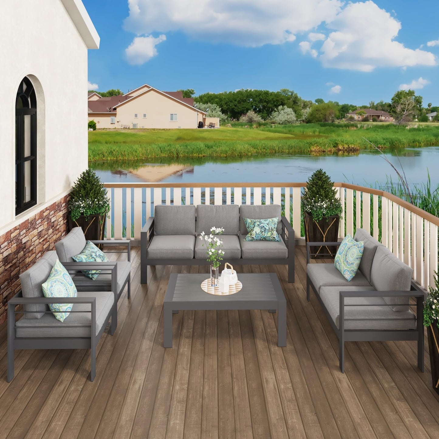CozyHom Outdoor Patio Aluminum Sofa Furniture Set 3 Seats Conversation Couch Set With Cushion, Gray