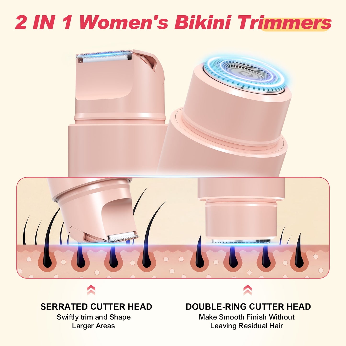 Sunvivi Versatile 2-in-1 Electric Bikini Trimmer for Women: Waterproof Pubic Razor for Face Body Bikini Underarm Leg Arm, Pink