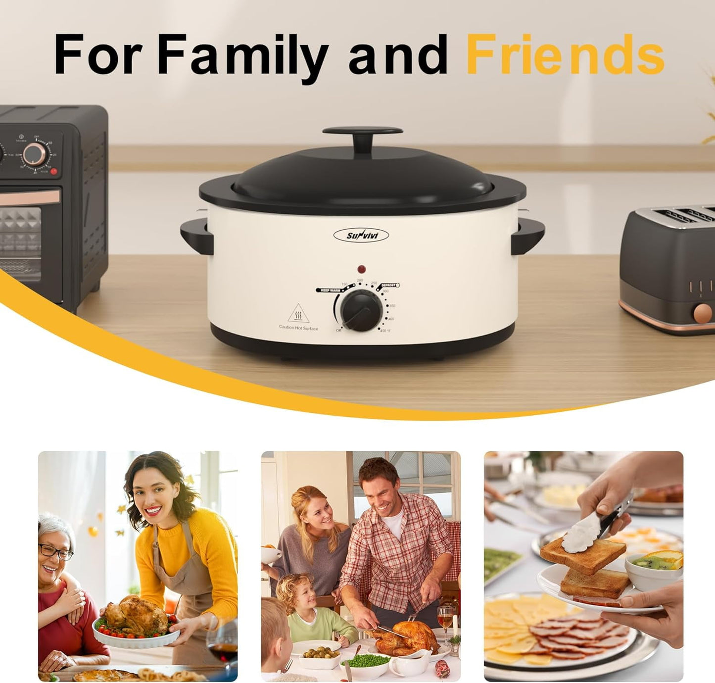 Superjoe 8-Quart Roaster Oven with Self-Basting Lid Lid, Electric Turkey Roaster Oven with Removable Pan and Rack, Stainless Steel, White