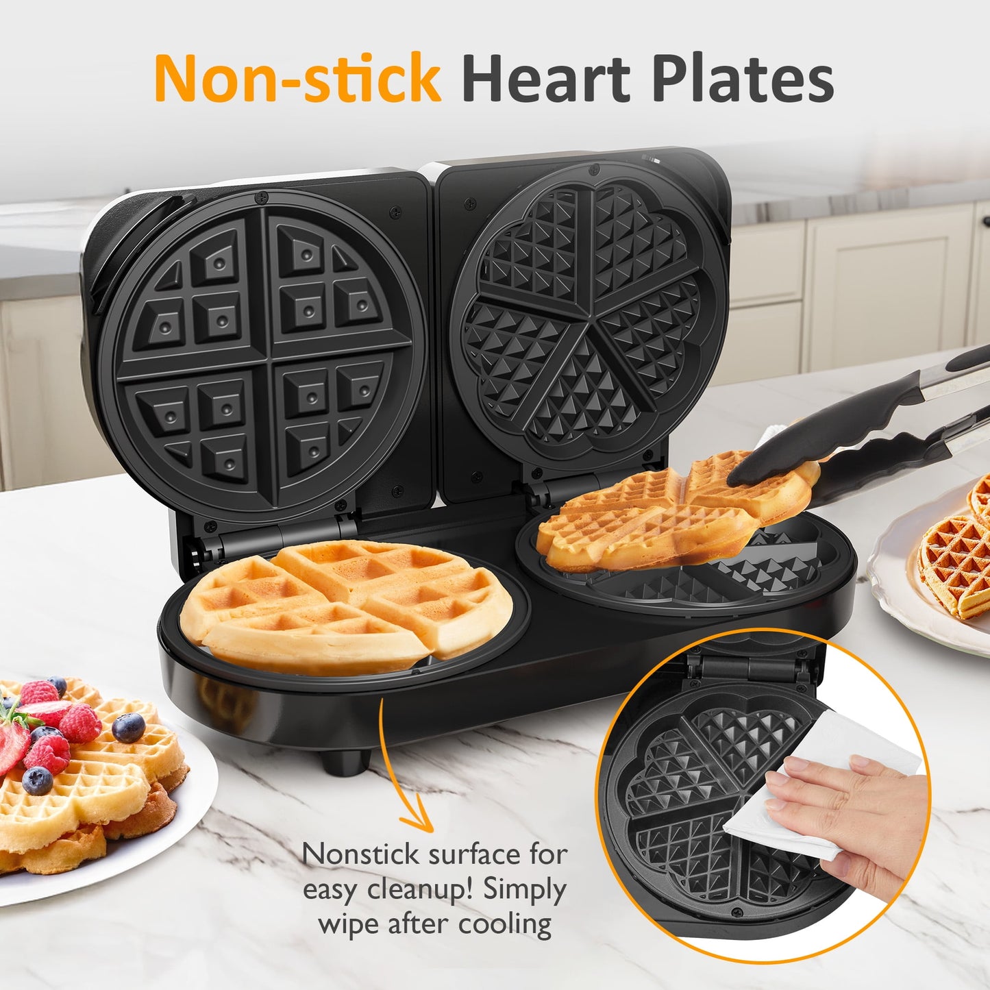 Heynemo Double Waffle Maker with Adjustable Temp, Heart Waffle & Classic Waffle Iron