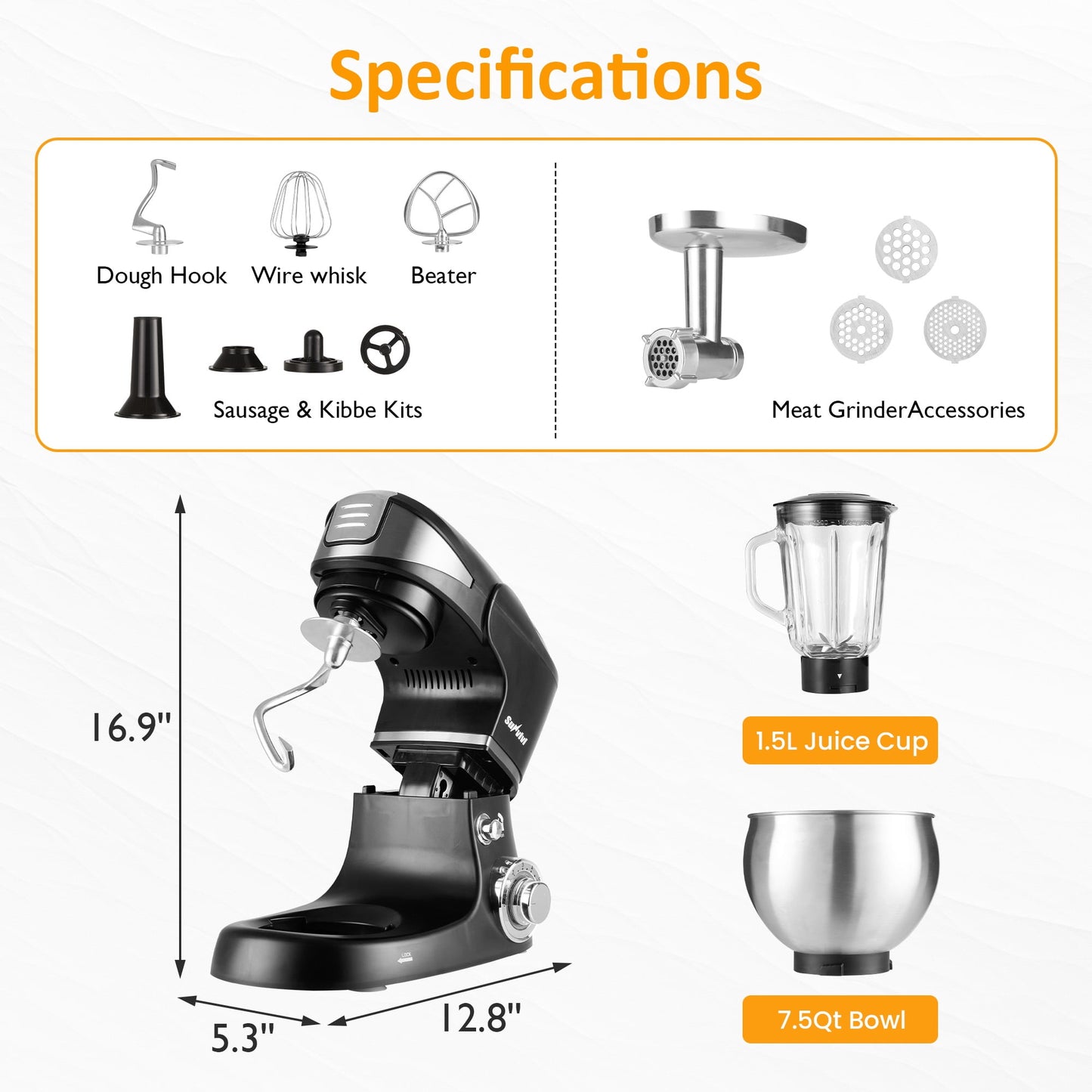 Heynemo 3-in-1 Electric Stand Mixer With Blender & Juicer - 6.5QT, Black