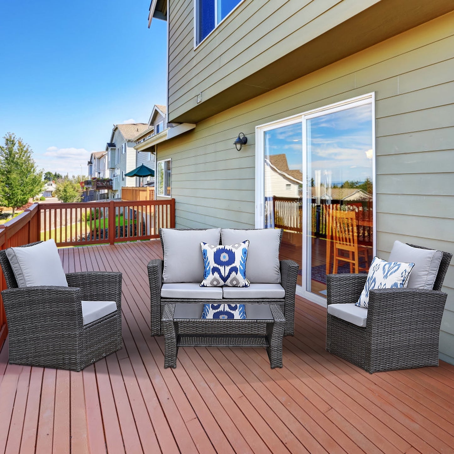 CozyHom All-Weather Outdoor Patio Furniture Set - 4-Piece Wicker Rattan Sectional Conversation Set with Table and Cushions