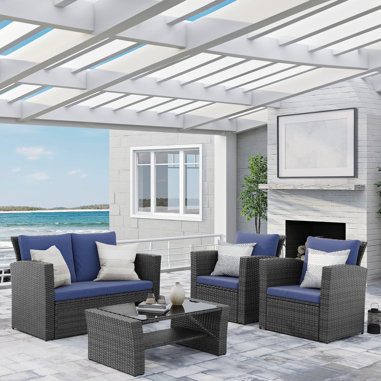 CozyHom All-Weather Outdoor Patio Furniture Set - 4-Piece Wicker Rattan Sectional Conversation Set with Table and Cushions