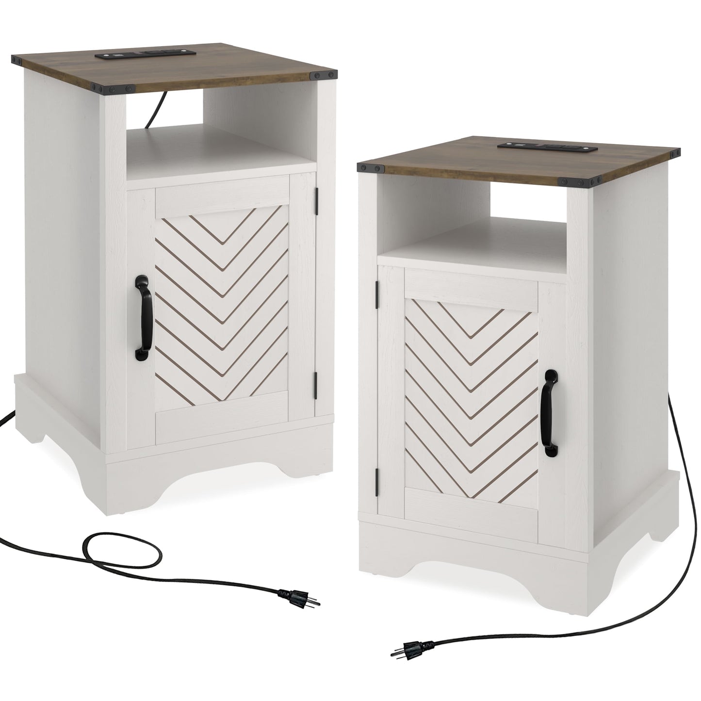 CozyHom Modern Farmhouse USB Nightstand Set of 2 With Storage Cabinet, End Side Table With Charging Station For Bedroom, Brown And White