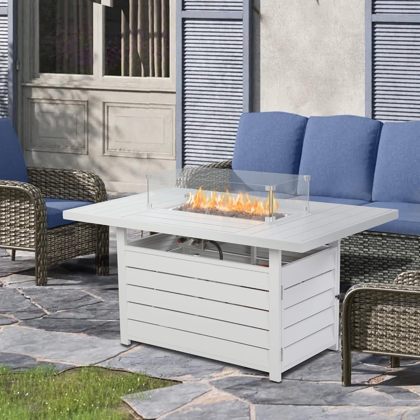 CozyHom 6Pcs Outdoor Patio Aluminum Sofa Furniture Set With Fireplace Table and Cushions Outside Sectional Metal Conversation Couch, Gray