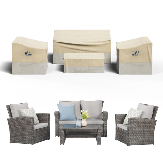 CozyHome 4 Pieces Outdoor Furniture Cover with Air Vent, Heavy Duty Oxford Outdoor Couch Covers, Water-Resistant, Weatherproof, Patio Covers for Loveseat, Coffee Table, Chair, Beige & Grey