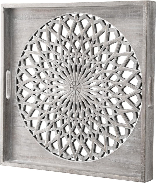 CozyHome Farmhouse Wood Mirror, Square Decorative Mirrors for Wall, Small Hanging Mirror, Wall Mirrors for Living Room, Bedroom, Dining Room, Entryway, Hallway, Grey,23.6a?? X 23.6"