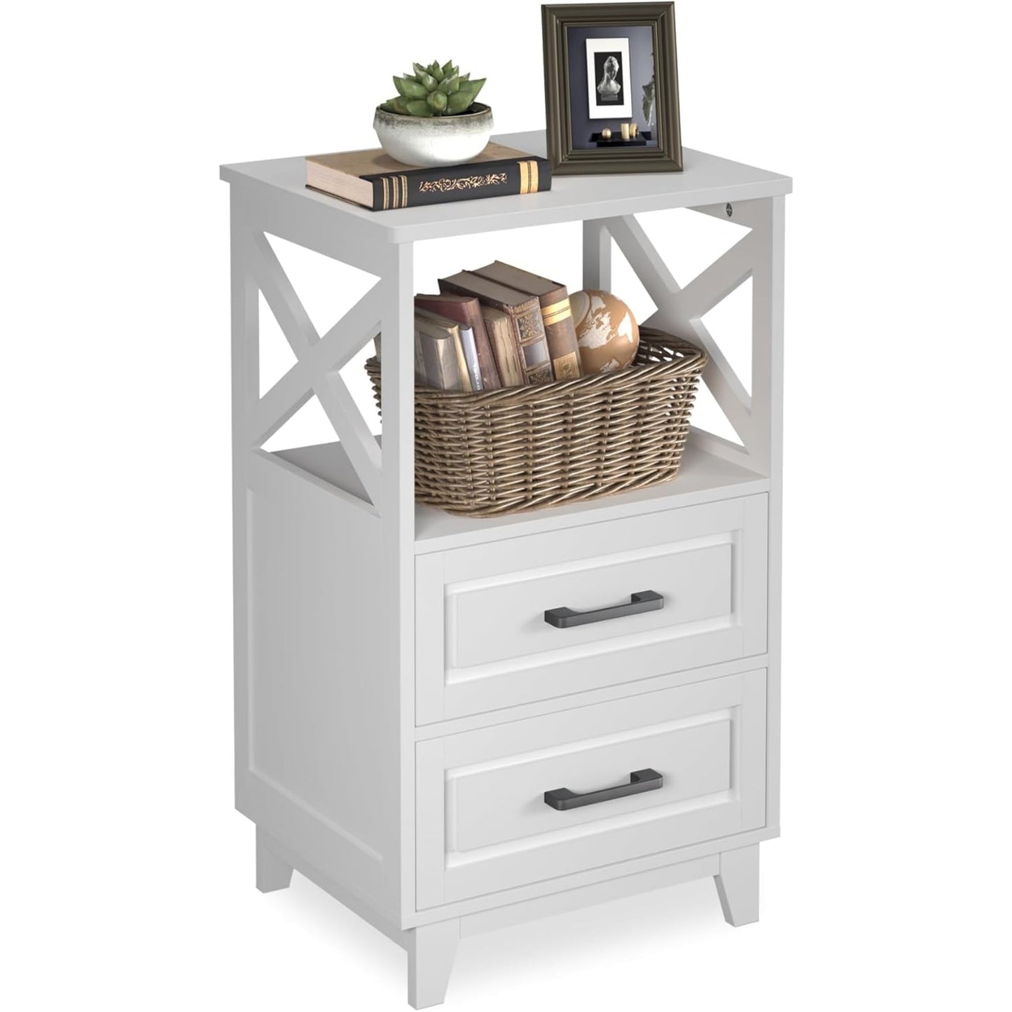 CozyHome Tall Nightstand Set of 1, Side Table with 2 Drawers and Open Shelf Below, Bedside Table with Solid Feet, Modern Night Stand End Table for Bedroom, Living Room, Home Office, Black