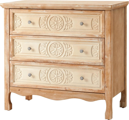CozyHome Vintage 3 Drawer Dresser with Pattern Carved Drawers, Accent Chest of Drawers for Bedroom, Wide Nightstand with Solid Wood Frame, Large Capacity Storage Cabinet for Living Room