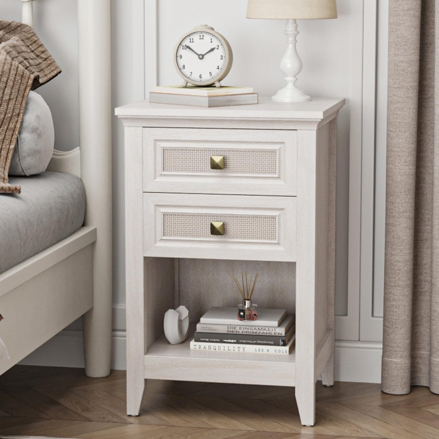 CozyHome Nightstand with 2 Drawers, Accent Bedside Table with Rattan Decor Drawers and Large Storage Shelf, Boho Wood End Table Organizer for Bedroom, Living Room, Grey