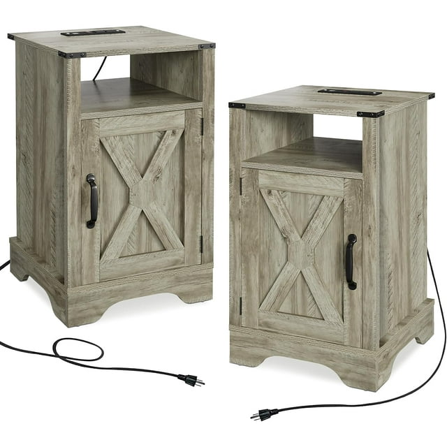 RoyalCraft White Nightstand with Charging Station, Farmhouse Bedside Table with X-Shaped Design,Wooden Rustic End Table with Large Storage Room and Shelf for Bedroom, Living Room