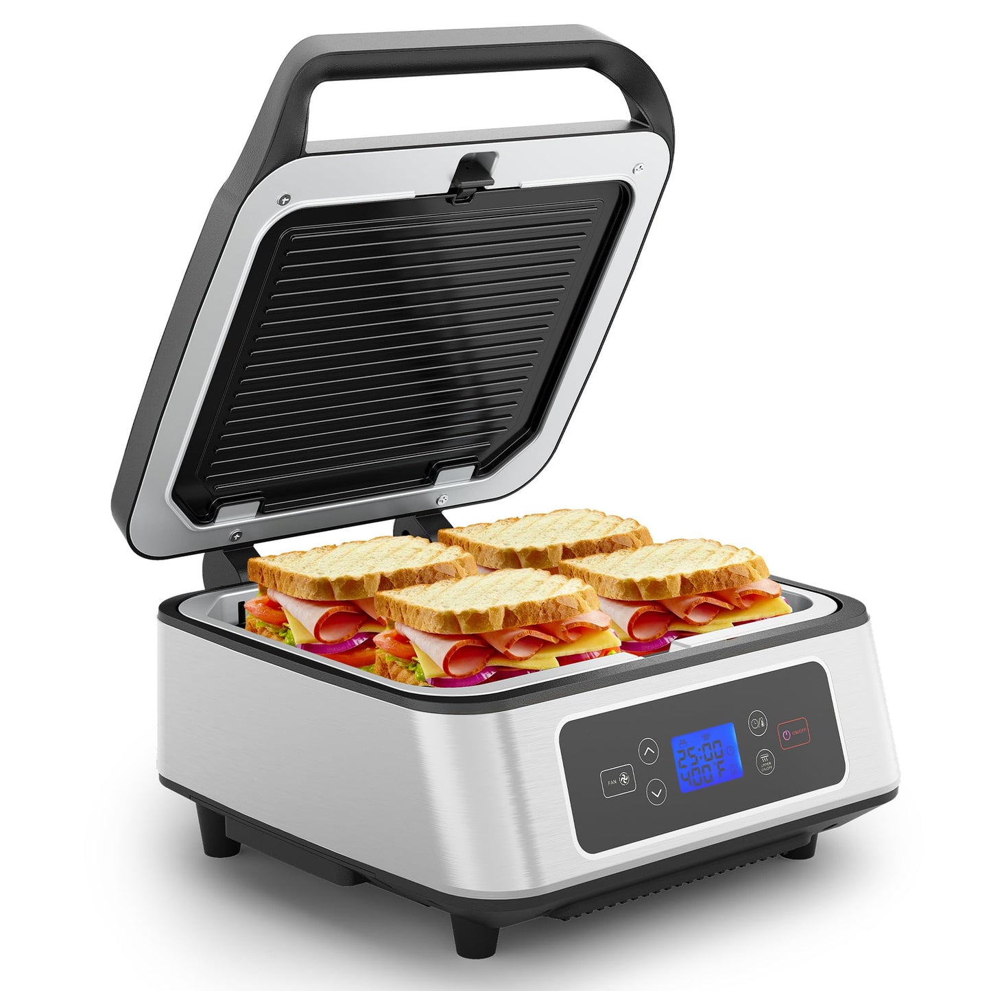 Heynemo 1300W Smokeless Indoor Grill, Electric Panini Press Sandwich Maker with Auto-Lift, Fan, Independent Upper Heating, Smart Time & Temperature Control, Removable Non-Stick Plates