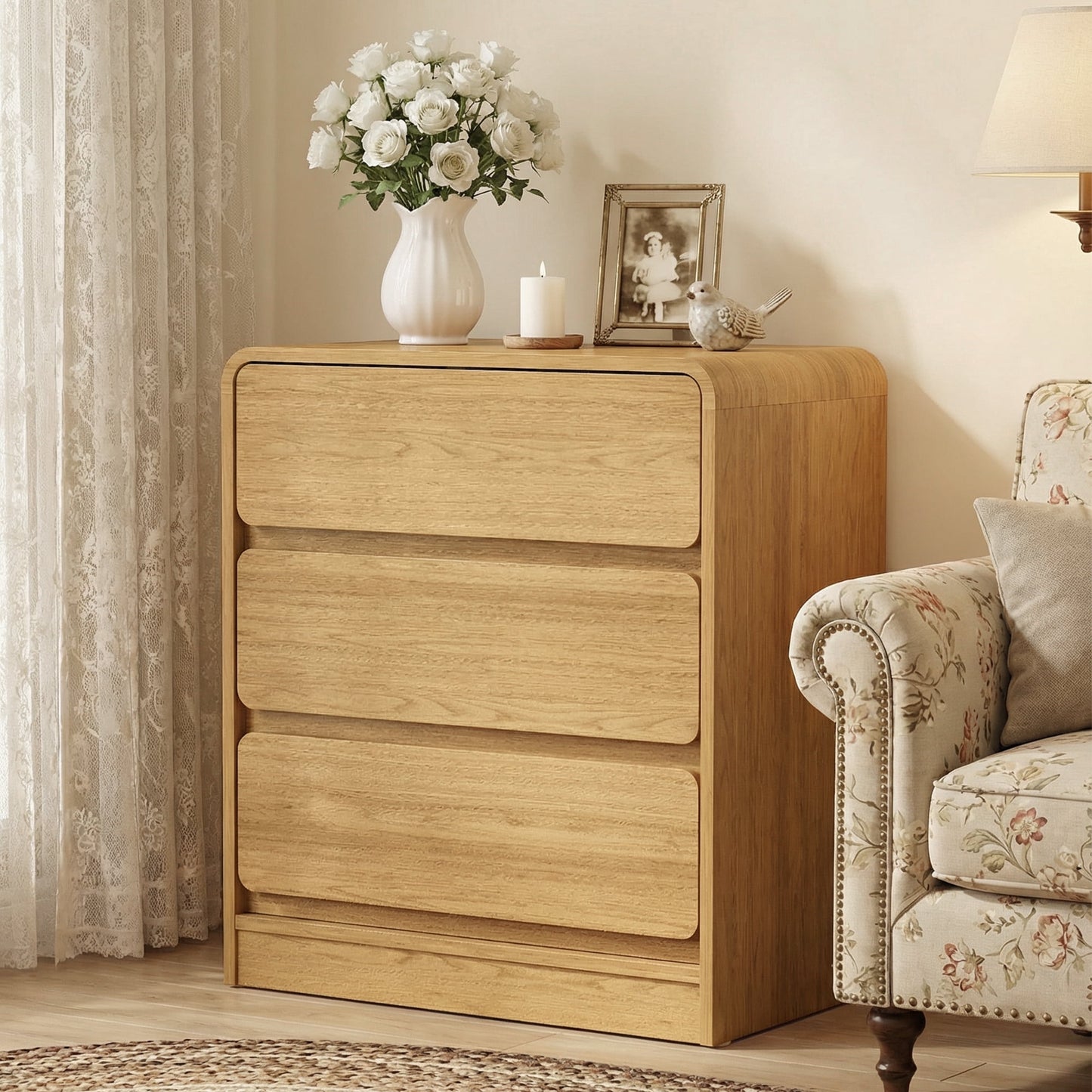May in Color Natural Handle?Free 3?Drawer Dresser, Tall Nightstand, Modern Storage Cabinet for Bedroom, Living Room, Office