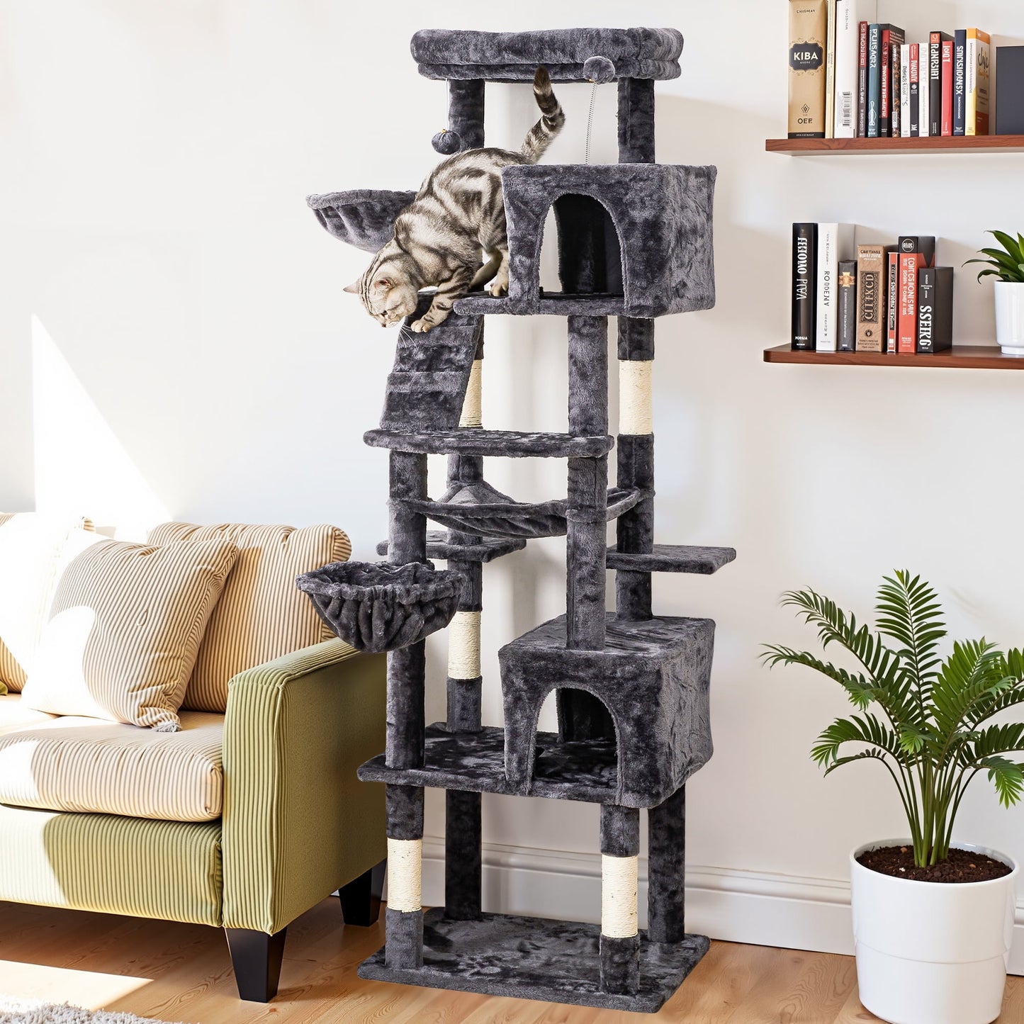 Multi-Level Large Cat Tree Tower for Large Cats with Scratching Posts, Condos, Perch, Hammocks & Toys ÿ Modern Indoor Cat Jungle Gym for 6-7 Cats, 23.6" x 19.7" x 73.2", Grey