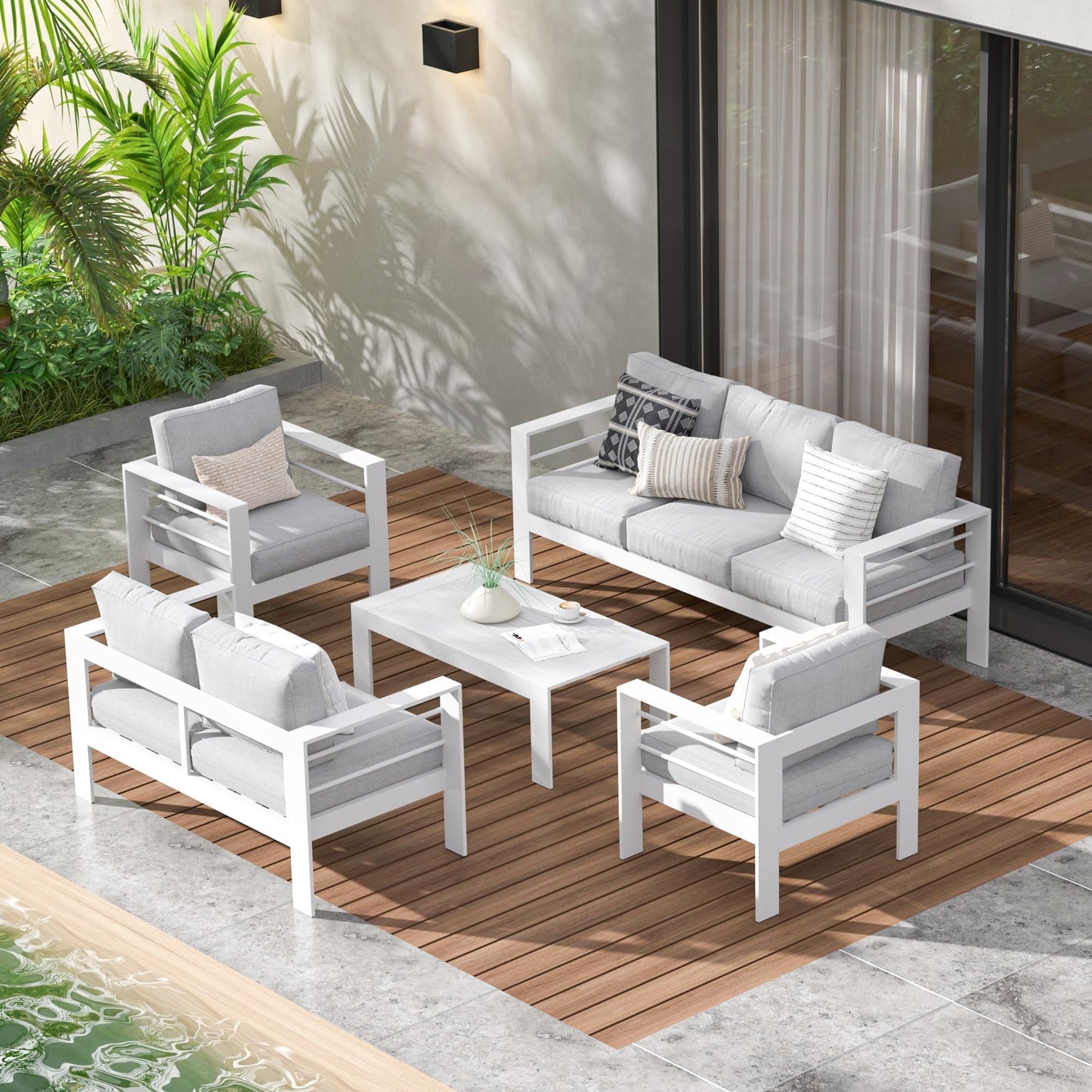 RoyalCraft Aluminum Outdoor Patio Furniture Set, Modern Patio Conversation Sets, Outdoor Sectional Metal Sofa with 5 Inch Cushion and Coffee Table for Balcony, Garden, Blue