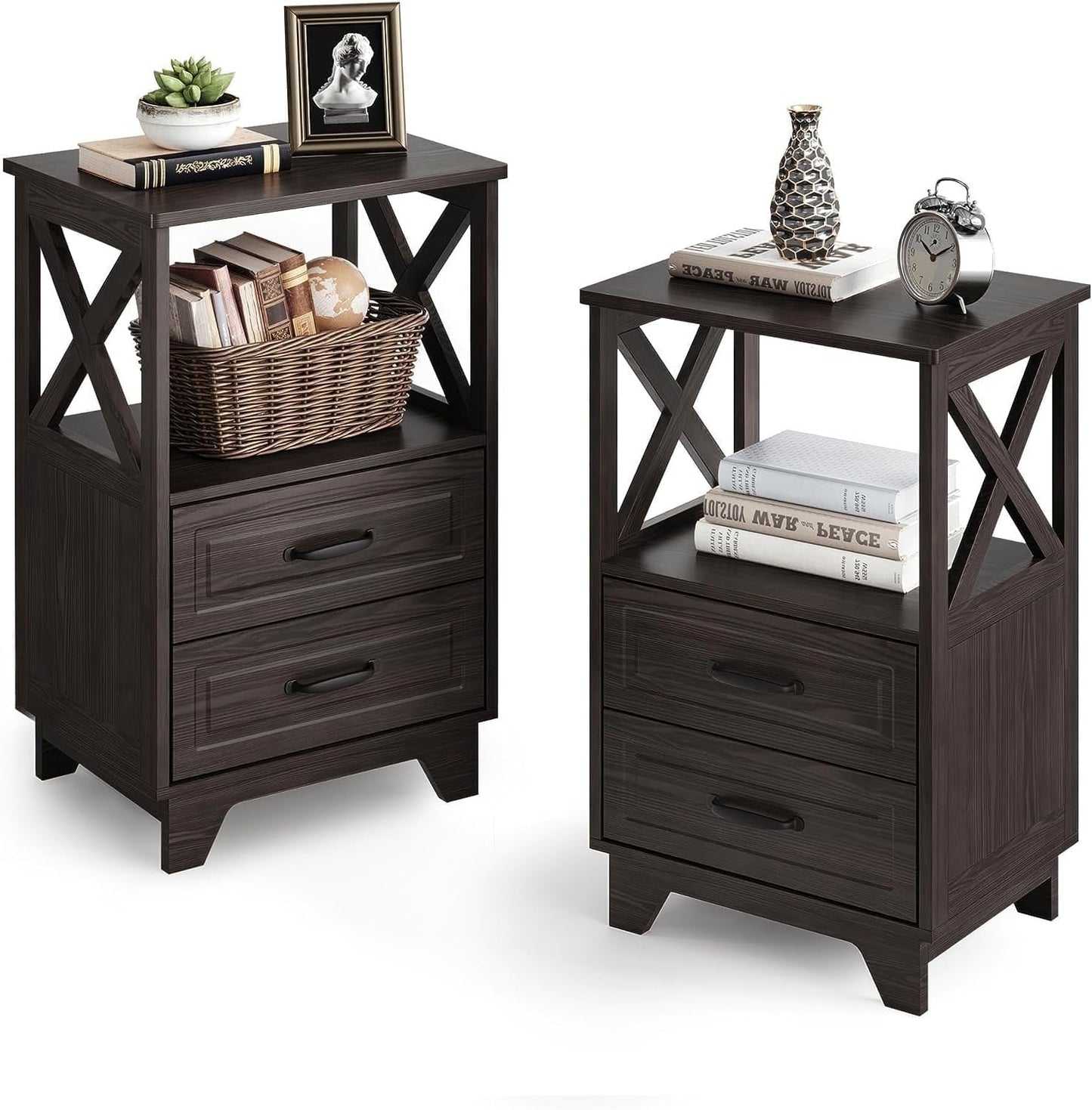 RoyalCraft Nightstand with Drawer, 2-Tier Side Table, Wood End Table with Adjustable Feet and Stable Metal Leg, Modern Night Stand Cabinet for Bedroom, Living Room, Home Office, Charcoal Walnut