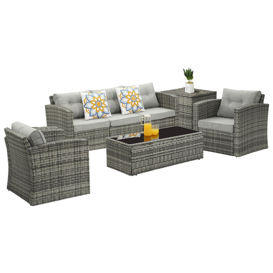 SUNVIVI OUTDOOR 7 Pieces Patio Furniture Sets All Weather Outdoor Sectional Sofa Manual Weaving Wicker Rattan Patio Conversation Set with Storage Box and Glass Table (Grey/Grey)