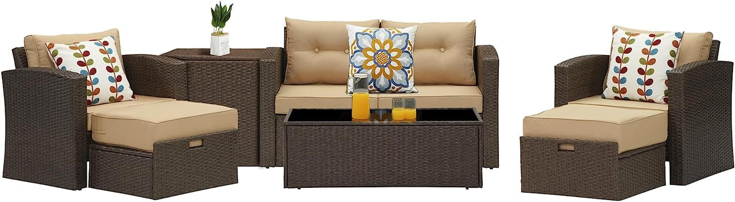 SUNVIVI OUTDOOR 7 Pieces Patio Furniture Sets All Weather Outdoor Sectional Sofa Manual Weaving Wicker Rattan Patio Conversation Set with Storage Box and Glass Table (Grey/Grey)