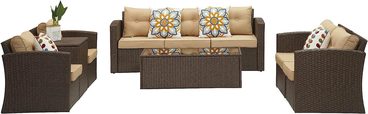 SUNVIVI OUTDOOR 7 Pieces Patio Furniture Sets All Weather Outdoor Sectional Sofa Manual Weaving Wicker Rattan Patio Conversation Set with Storage Box and Glass Table (Grey/Grey)