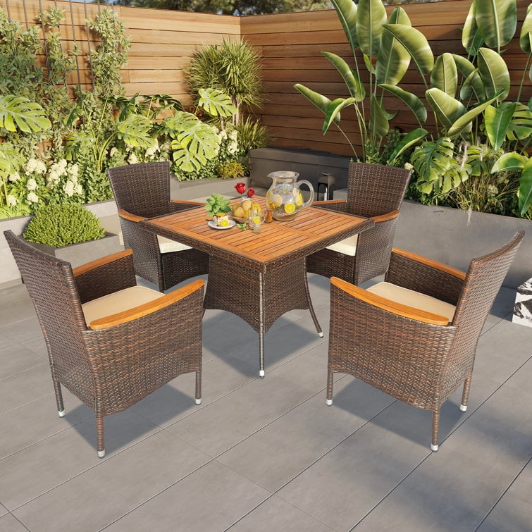 Superjoe 5 Piece Patio Dining Set,Wicker Patio Conversation Set with Table,4 - Person Square Outdoor Table and 4 Chairs with Cushions,for Backyard, Deck and Garden