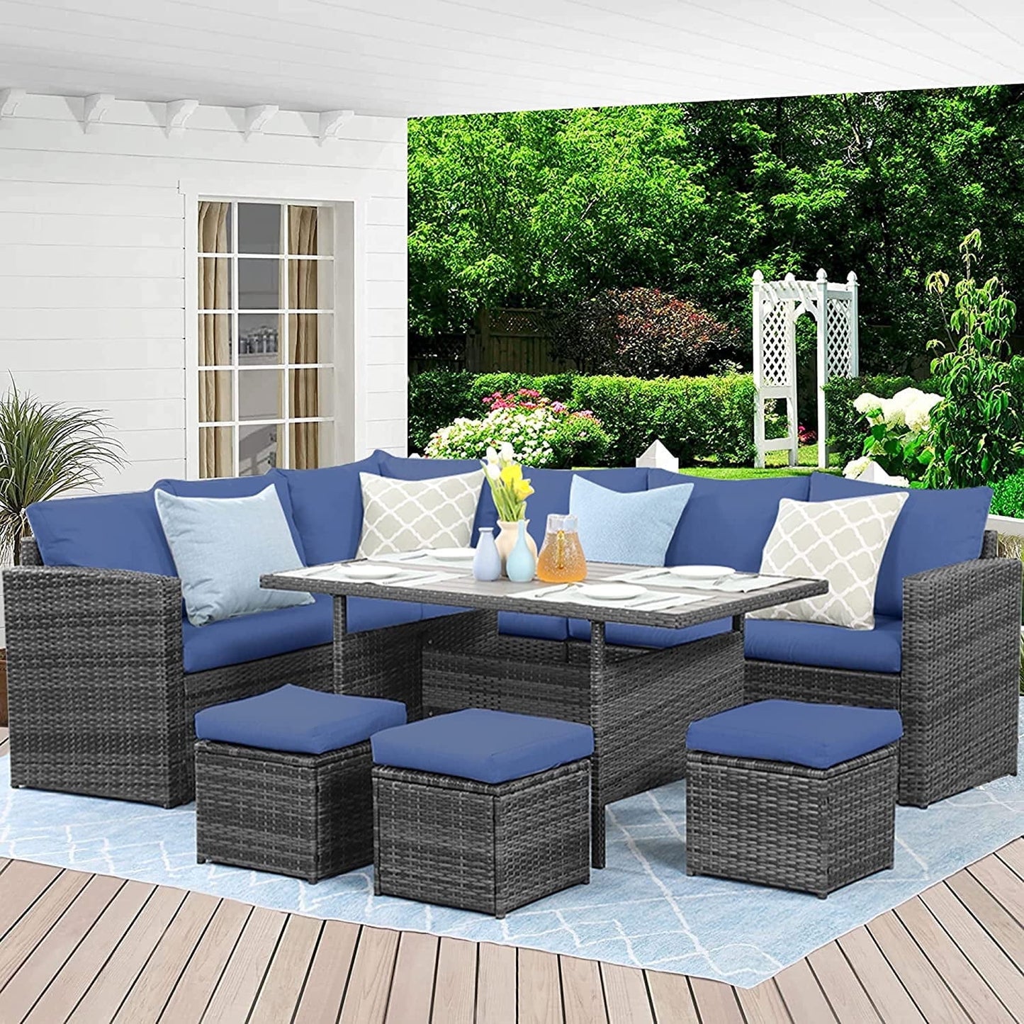 Superjoe 7 Pieces Outdoor Patio Furniture Set with Ottoman, Blue