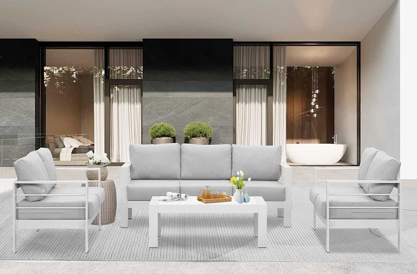 Heynemo Superjoe 7 Seats Outdoor Furniture Sofa Set Aluminum Patio Conversation Set With Coffee Table and 5 Inches Cushions, White