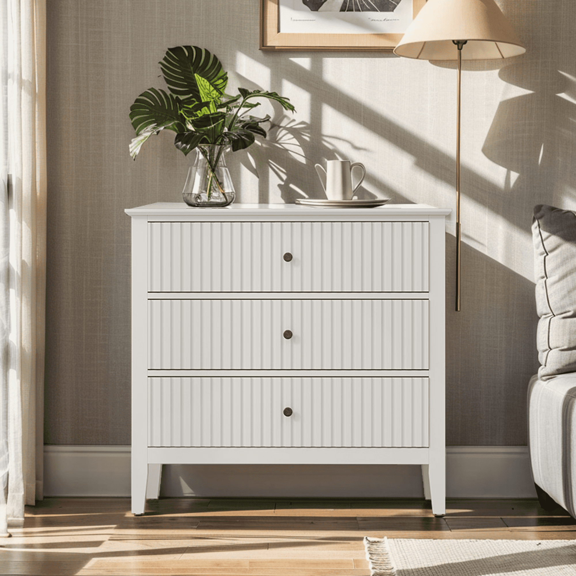 Heynemo Large White 3 Drawer Dresser, Painted 30 Inch Tall Wood Nightstand  with Storage, Wide Modern Chest of Drawers with Ball Bearing Slide for 