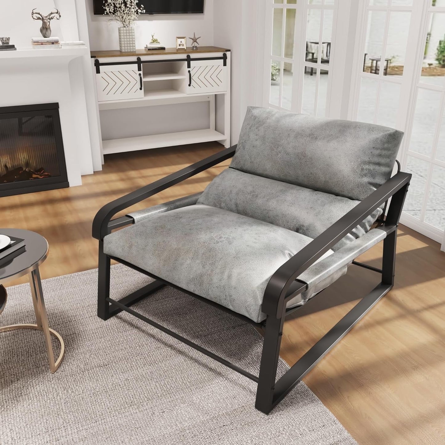 Heynemo Superjoe Modern Accent Chair with Wider Wood Armrest, Mid-Century Faux Leather Sofa Chair with Removable Cushion for Living Room Home Office, Beige