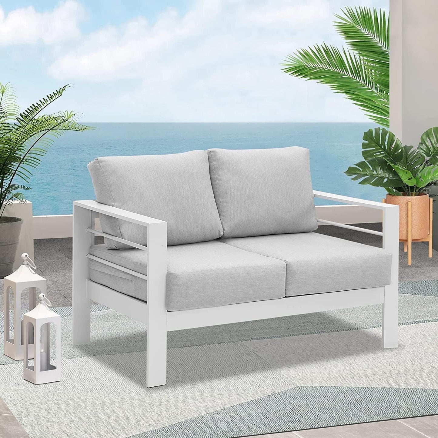 Superjoe Outdoor 2 Seats Patio Aluminum Loveseat Furniture, All-Weather Sofa Couch White Metal Chair with Cushions, Light Grey