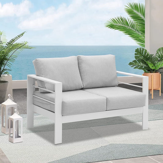 Superjoe Outdoor 2 Seats Patio Aluminum Loveseat Furniture, All-Weather Sofa Couch White Metal Chair with Cushions, Light Grey