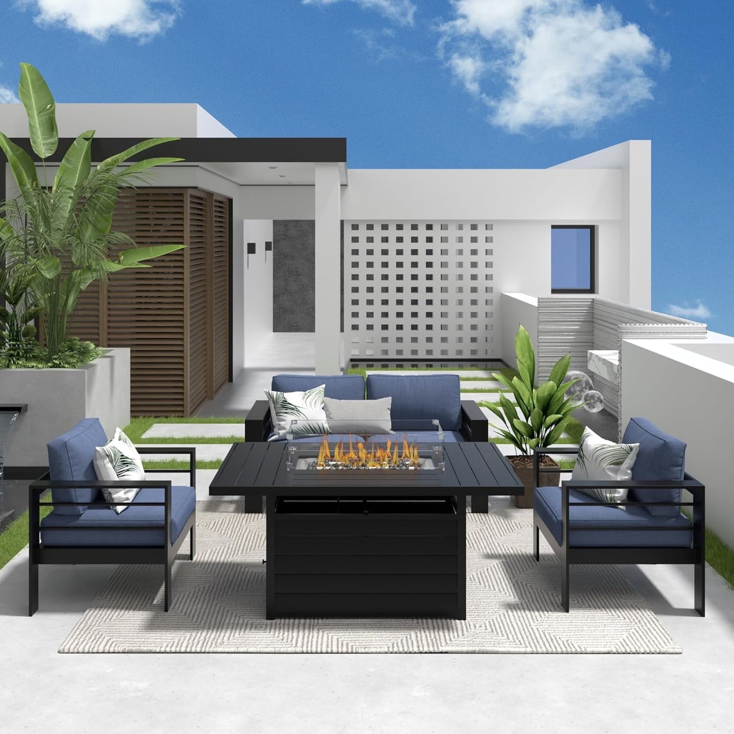 Heynemo Superjoe Outdoor Furniture Set w/CSA Certified 54in Propane Gas Fire Pit Table, 4 Seats Aluminum Patio Conversation Sofa with 5in Olefin Cover Cushions, Black/Light Gray