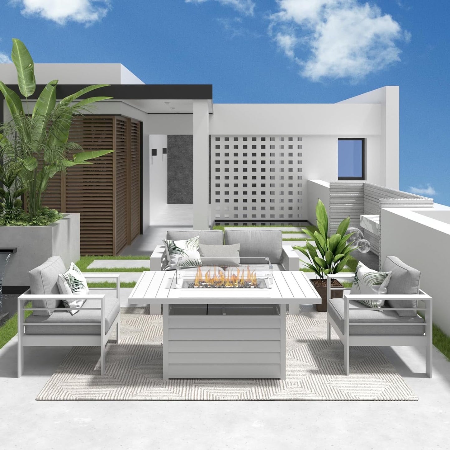 Heynemo Superjoe Outdoor Furniture Set w/CSA Certified 54in Propane Gas Fire Pit Table, 4 Seats Aluminum Patio Conversation Sofa with 5in Olefin Cover Cushions, Black/Light Gray