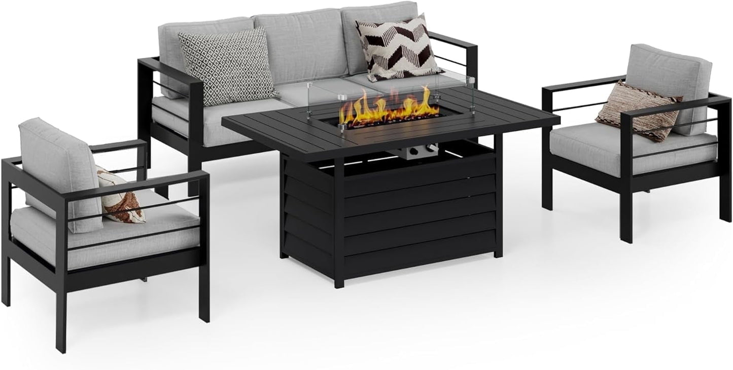 Heynemo Superjoe Outdoor Furniture Set w/CSA Certified 54in Propane Gas Fire Pit Table, 5 Seats Aluminum Patio Conversation Sofa with 5in Olefin Cover Cushions, Black/Light Gray