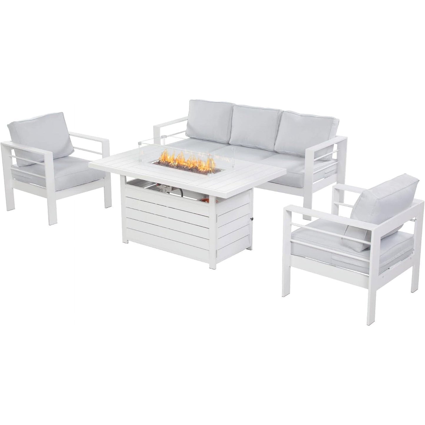 Heynemo Superjoe Outdoor Furniture Set w/CSA Certified 54in Propane Gas Fire Pit Table, 5 Seats Aluminum Patio Conversation Sofa with 5in Olefin Cover Cushions, Black/Light Gray