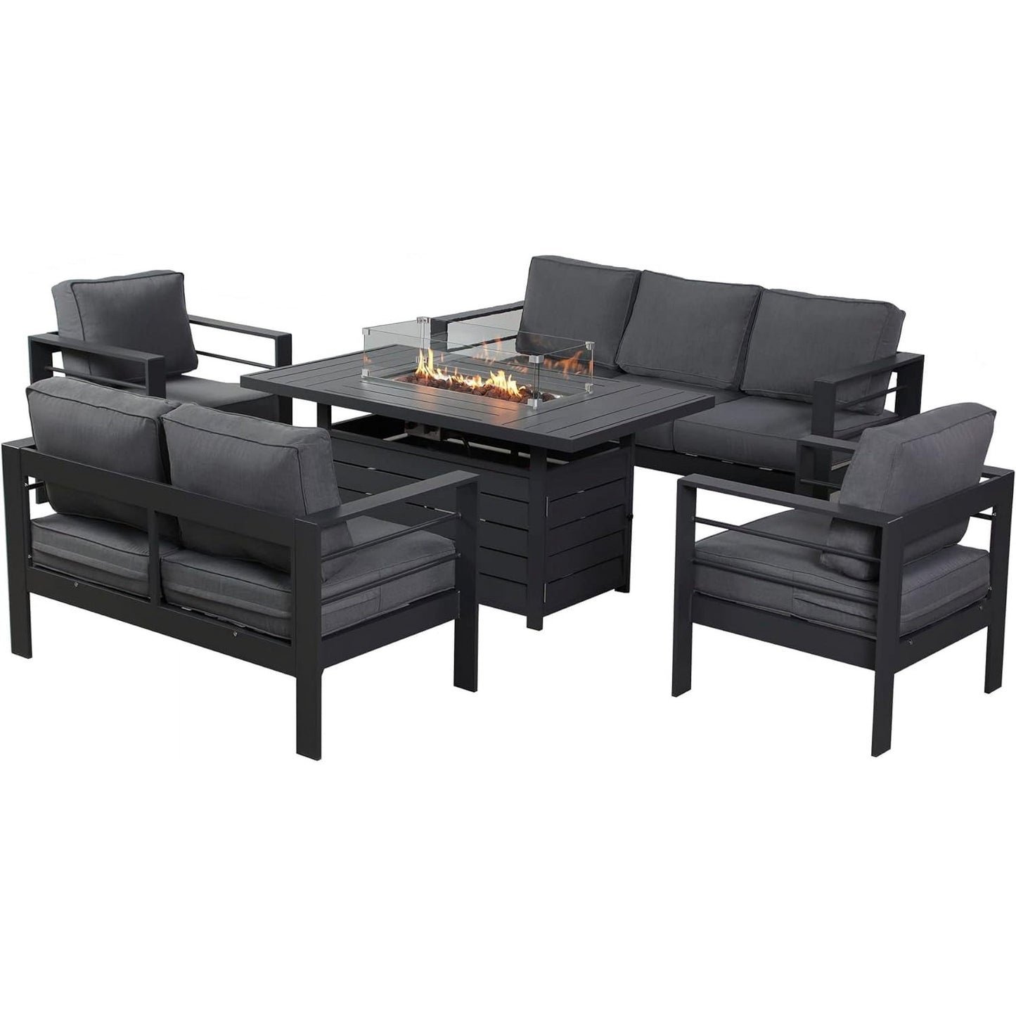 Heynemo Superjoe Outdoor Furniture Set w/CSA Certified 54in Propane Gas Fire Pit Table, 7 Seats Aluminum Patio Conversation Sofa with 5in Olefin Cover Cushions, White
