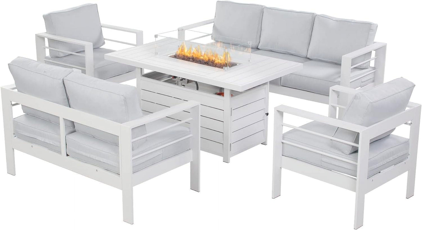 Heynemo Superjoe Outdoor Furniture Set w/CSA Certified 54in Propane Gas Fire Pit Table, 7 Seats Aluminum Patio Conversation Sofa with 5in Olefin Cover Cushions, White