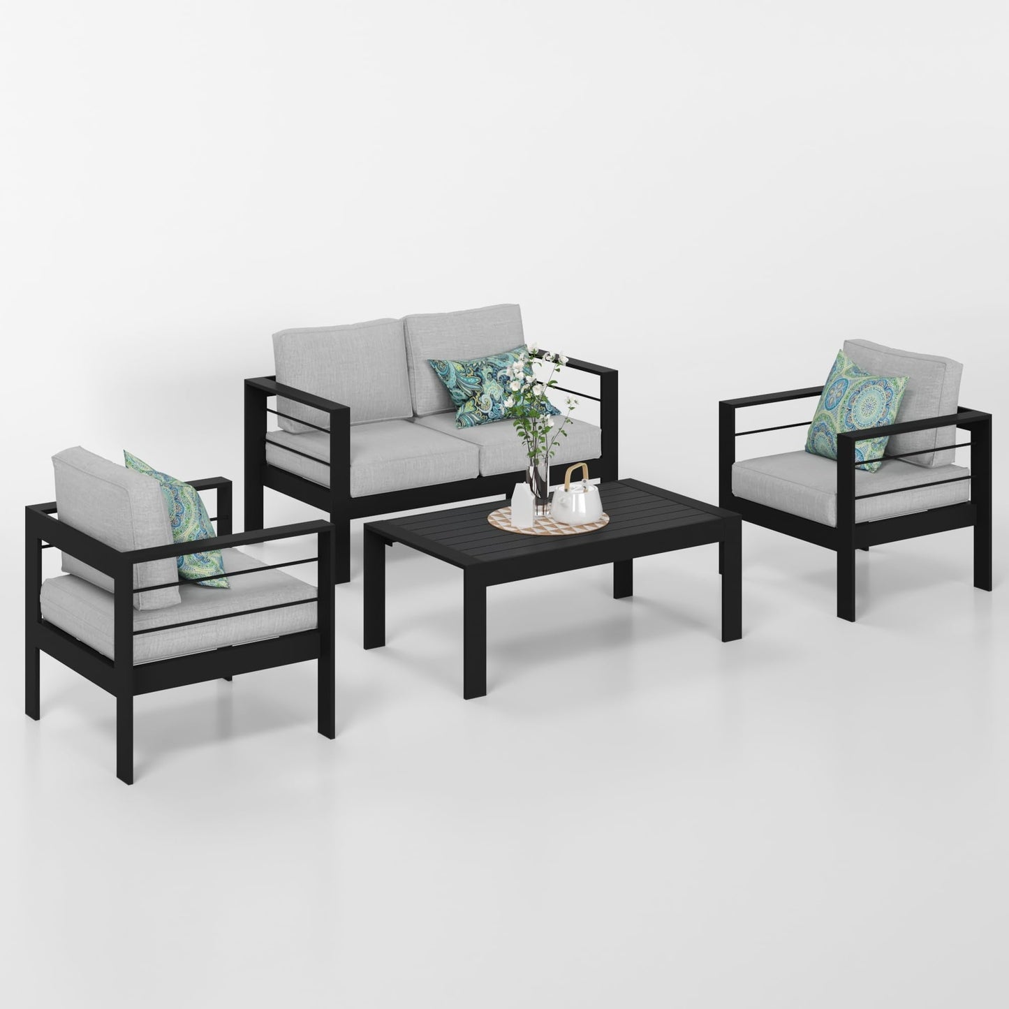 CozyHome 4 Seats Outdoor Patio Aluminum Furniture Sofa Sets, Outdoor Conversation Metal Furniture Couch Set With Table And Cushions, Light Gray