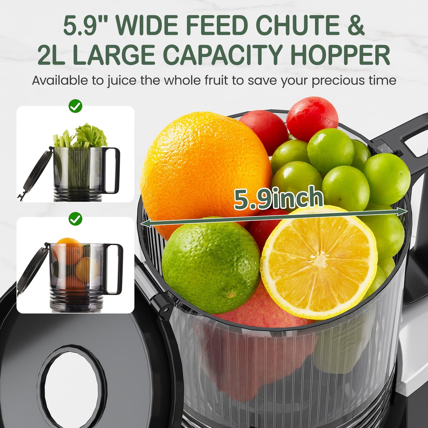 Heynemo Cold Press Juicer Machine, 5.9" Wide Feed Chute, Masticating, Dual-Layer Strainer - Black